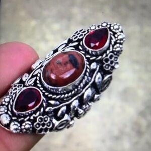 Obsidian Garnet Stamped 925 Sterling Silver Ring